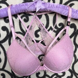 NWT 36D Victoria's Secret Front Clasp Strappy Push-up Pink Lace Bra